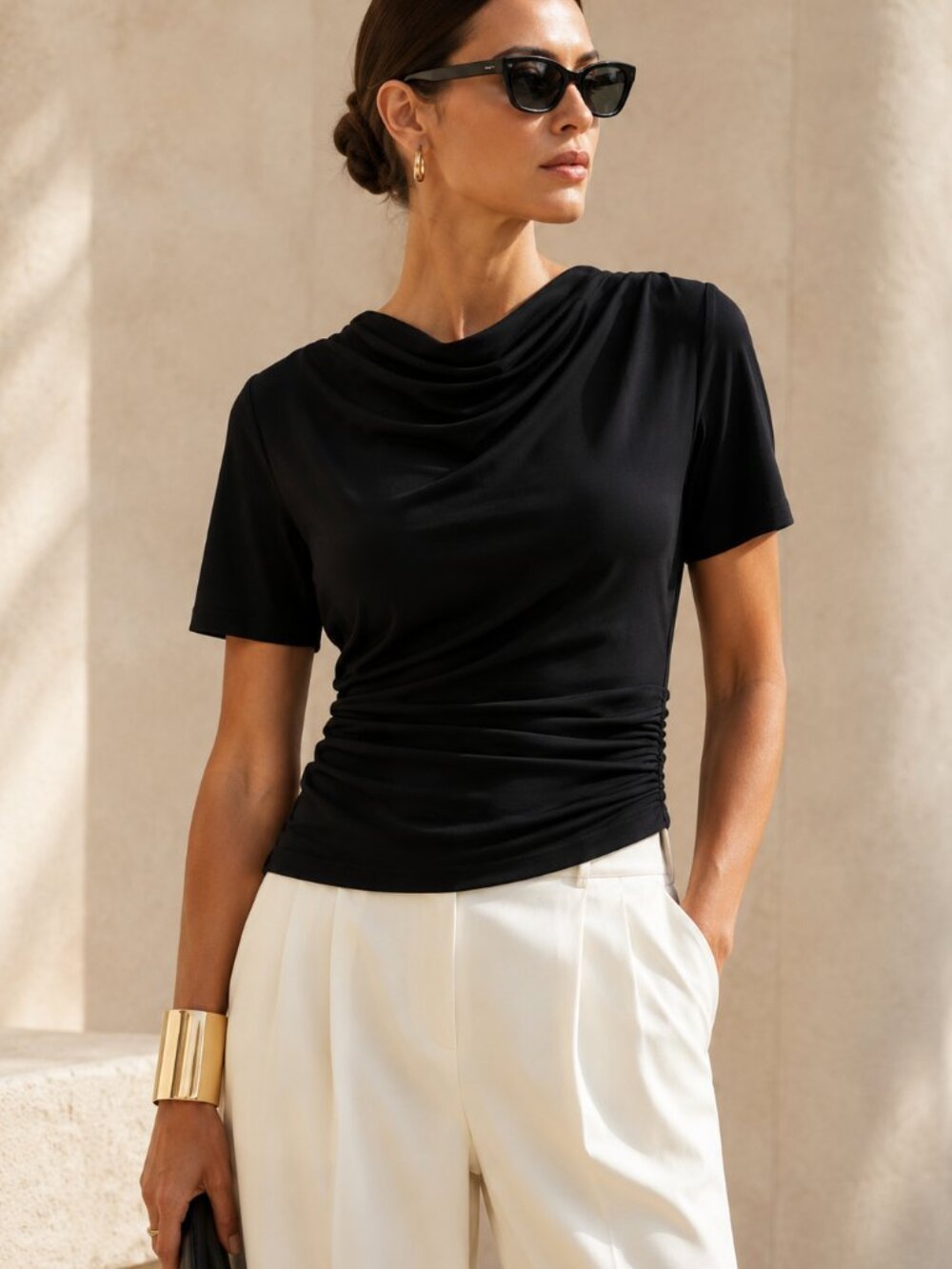 Dkny Black Draped Neck Short Sleeve Top
